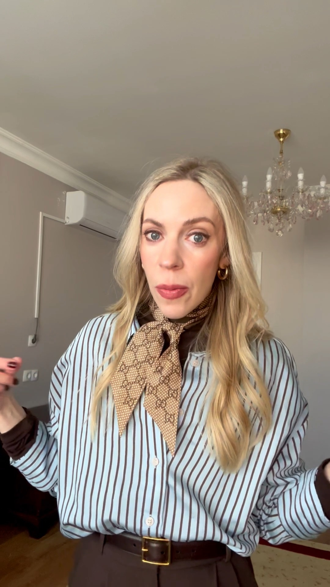 @Zara brown and blue striped shirt, office look, workwear, Gucci silk scarf, @abercrombie chocolate brown trousers

#LTKOver40 #LTKWorkwear #LTKootd