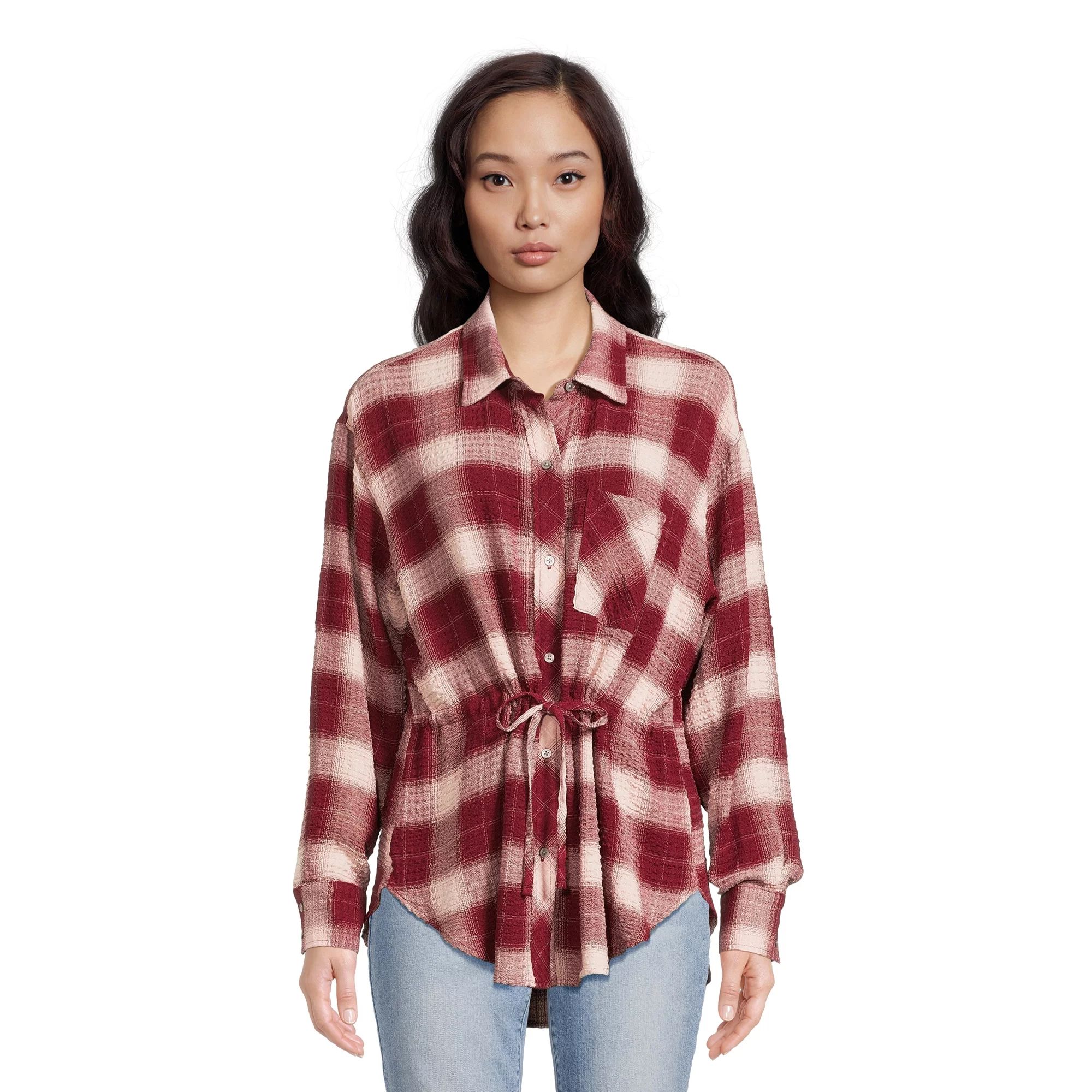 Time and Tru Women's and Women's Plus Button Down Drawstring Shirt with Long Sleeves | Walmart (US)