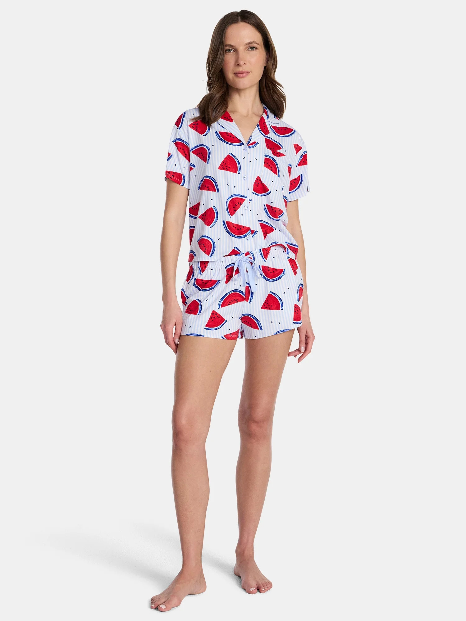 Watermelon Women's Knit Notch Collar Top and Shorts Pajama Set from Way to Celebrate, 2-Piece, Si... | Walmart (US)