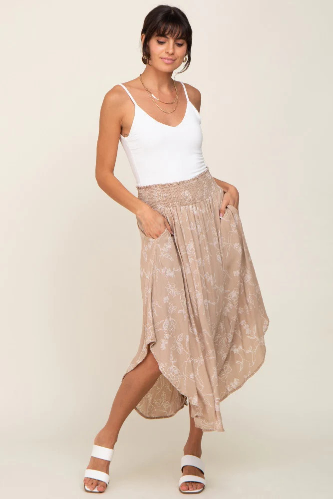 Taupe Floral Smocked Round Hem Midi Skirt | PinkBlush Maternity