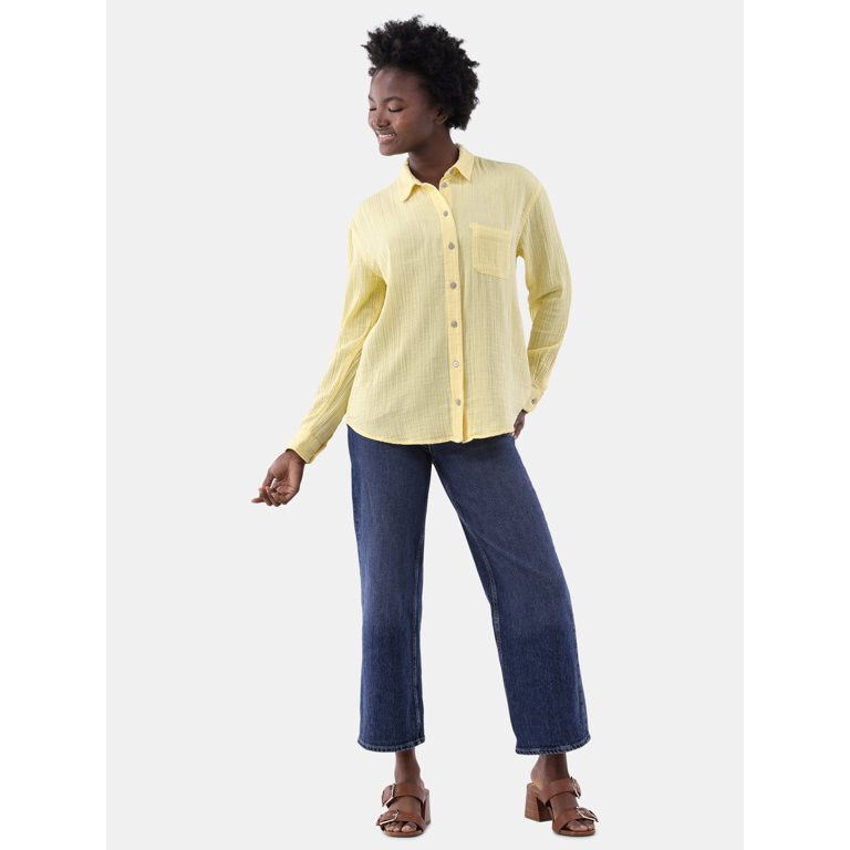 Time and Tru Women's Double Cloth Cotton Shirt, Sizes S-XXXL | Walmart (US)