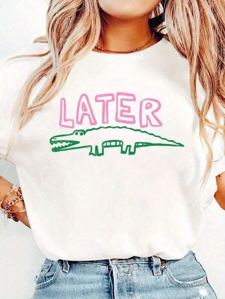 Later Gator Funny Graphic Cotton Tee Women White Pink Crew Neck | SHEIN