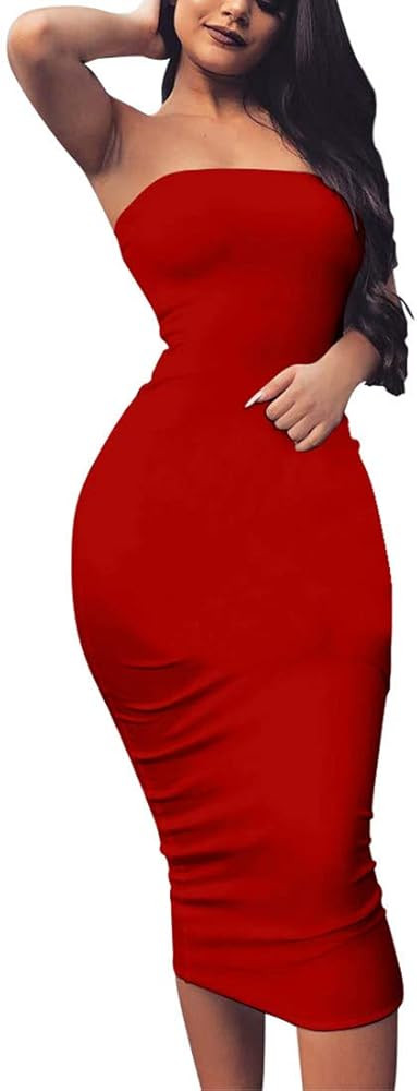BORIFLORS Women's Basic Sleeveless Tube Top Sexy Strapless Bodycon Midi Club Dress | Amazon (US)