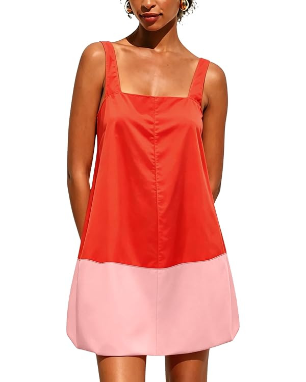 Womens Color Block Mini Dress Loose Boho Sleeveless Bubble Sundress Beach Coverups Vacation Dress... | Amazon (US)