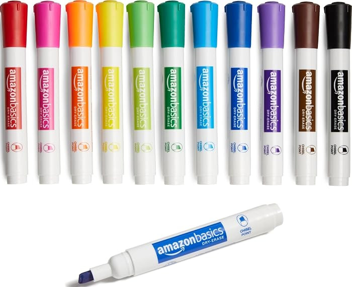 Amazon Basics Dry Erase Whiteboard Markers, Chisel Tip, Low-Odor, Assorted Colors, 12-Pack, Erase... | Amazon (US)