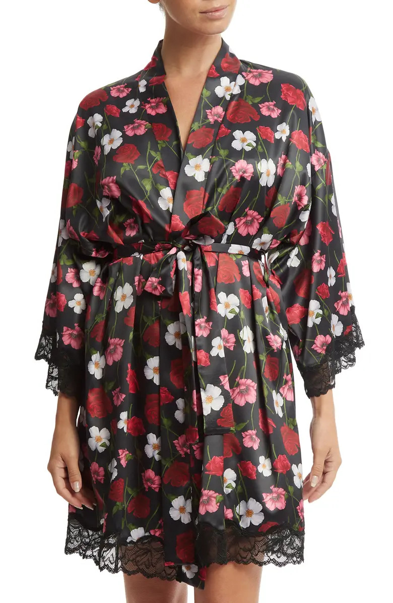 Luxe Floral Lace Trim Satin Robe | Nordstrom