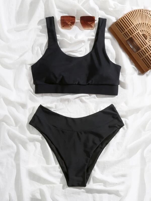 Solid Bikini Set Tank Top & High Cut Bottom 2 Piece Bathing Suit | SHEIN