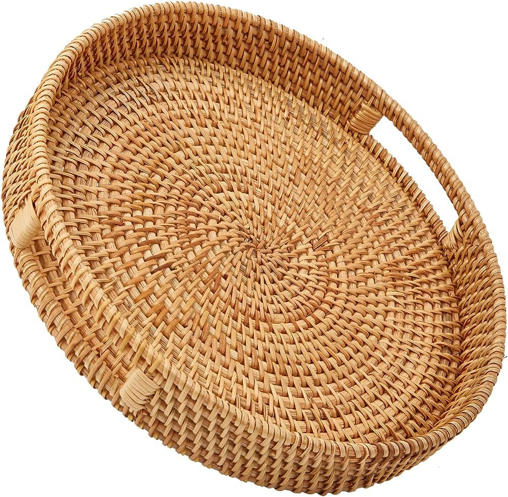 Whalehub Rattan Round Serving Tray with Handles, Hand Woven Basket, Home Decor Organizer Tray for... | Amazon (US)