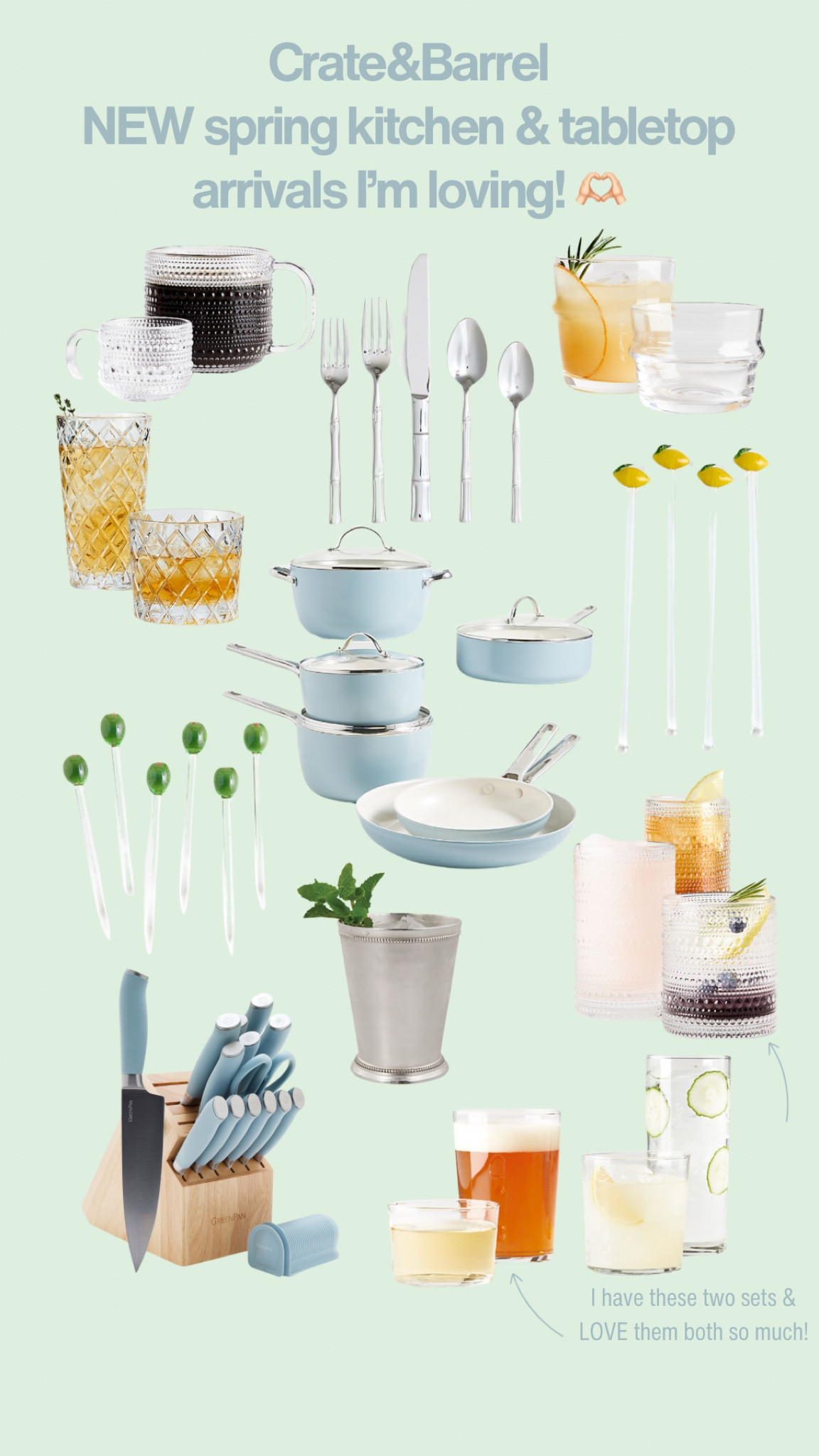 I am LOVING these NEW spring kitchen & tabletop finds from #crate&barrel! I personally have the Alma glasses & Bodega everyday kitchen glasses! They are both such great quality! Me and my husband LOVE them and use them both daily. I have my eye on the NEW Alma coffee cups (how precious!) and the blue kitchen knife set because ours is beginning to fall a part. These new arrivals are too good. Perfect for registries, gifts, or a personal kitchen upgrade! 🥰🫶🏻 

#kitchenfinds #tabletopfinds #spring #springrefresh #kitchenrefresh #crateandbarrel #kitchen #tabletop #everydayglassware #glassware