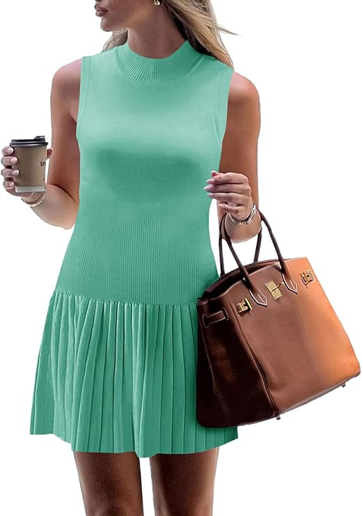 Wenrine Womens Sleeveless Summer Mini Dress Mock Neck Ribbed Knit Ruffle Pleated Casual Tank Dres... | Amazon (US)
