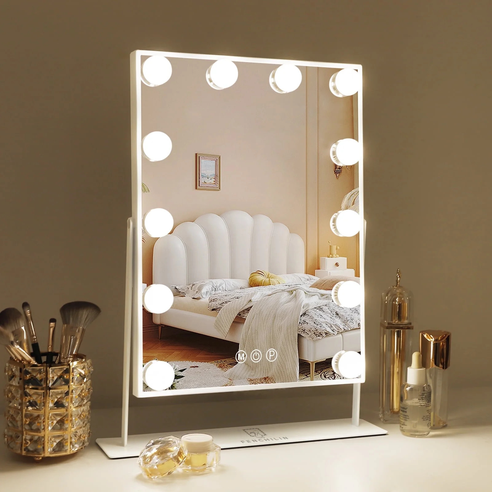 Fenchilin Vanity Makeup Mirror with Lights Metal Tabletop White 14.5" x 18.5" - Walmart.com | Walmart (US)