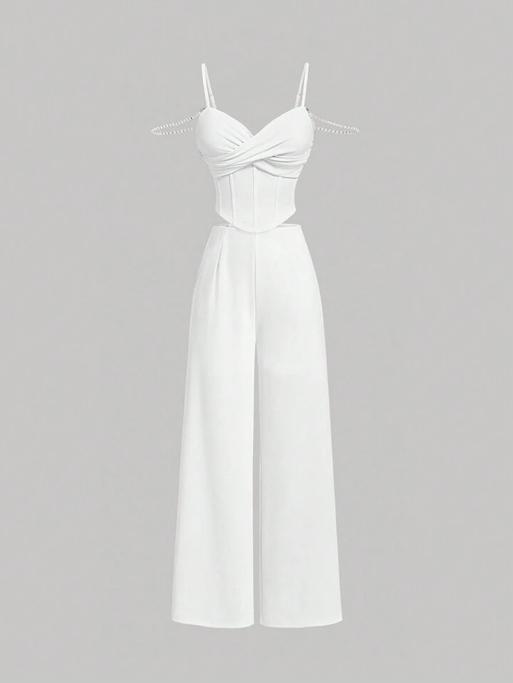 SHEIN MOD White Summer Women Sets With Pearl Strap , Overlapping Breast Cups,White Bustier Top & ... | SHEIN