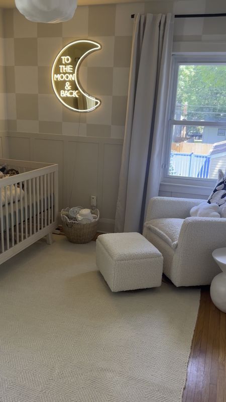 DIY nursery for the baby/nephew! it was a family affair.

gender neutral nursery | to the moon and back nursery | neutral nursery | sherpa glider | painted checkerboard | faux board and batten | cloud light

#LTKhome #LTKbaby #LTKVideo