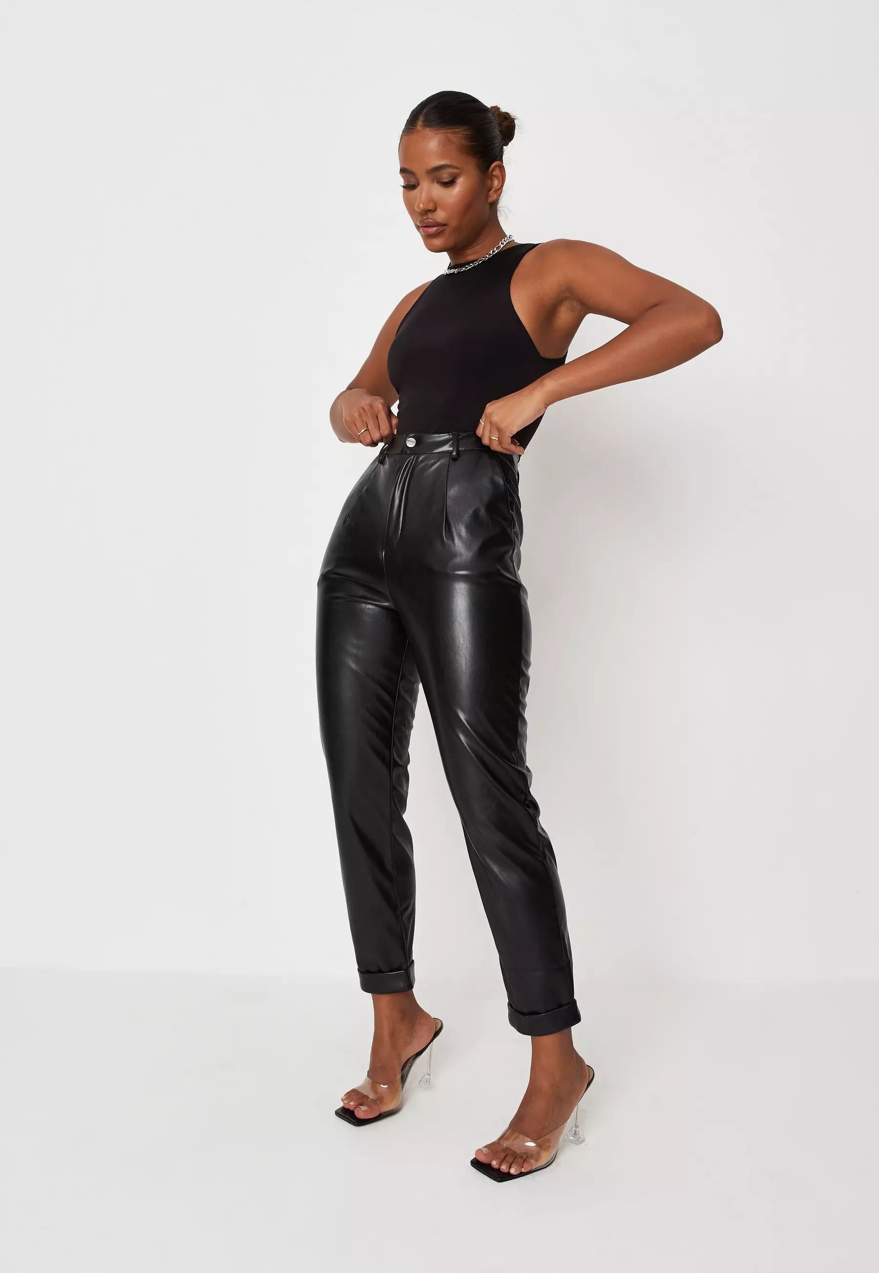 Tall Black Faux Leather Turn Up Cigarette Pants | Missguided (US & CA)