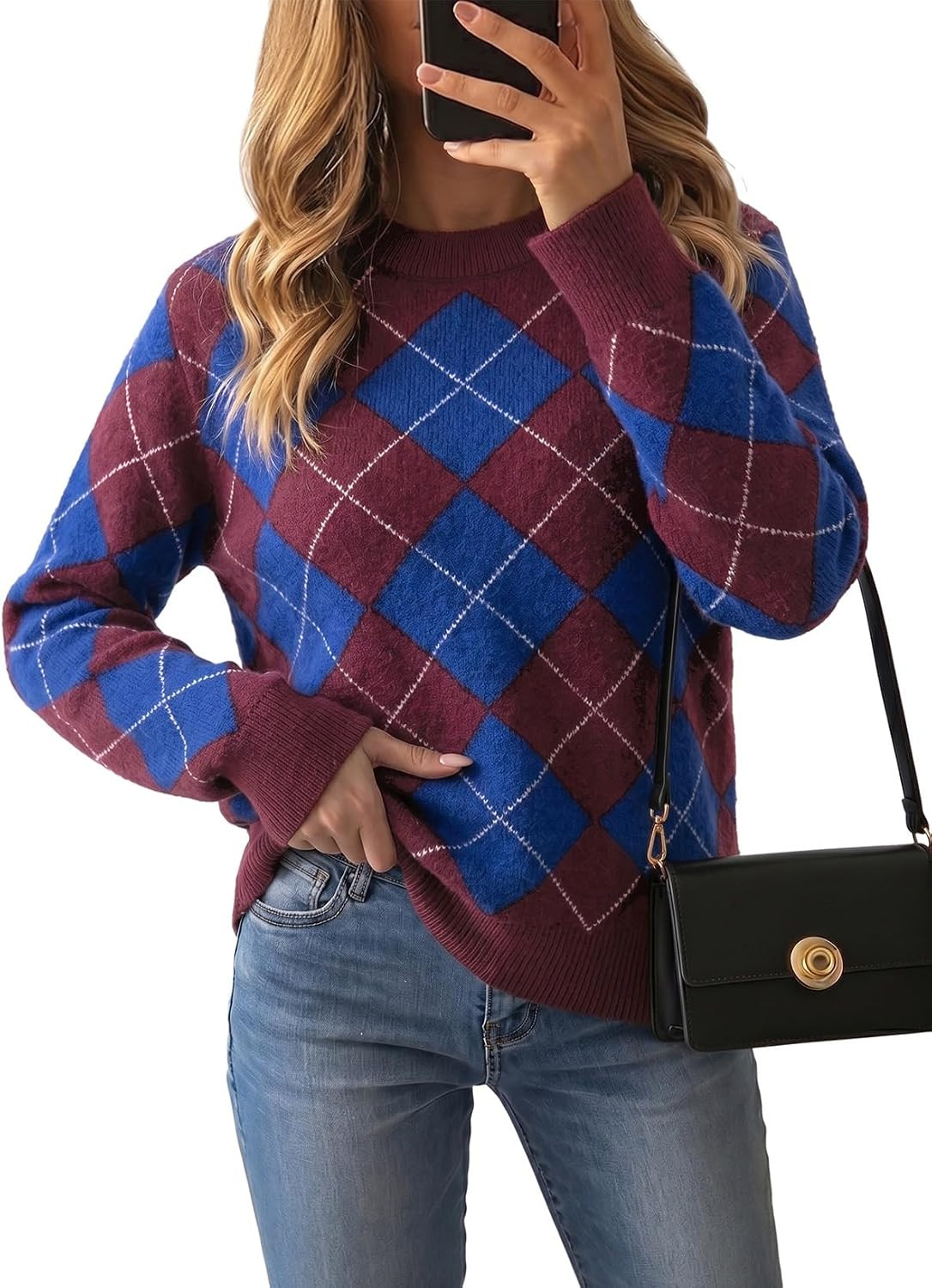 Pink Queen Fall Sweaters for Women Argyle Colorblock Pullover Sweater 2026 | Amazon (US)