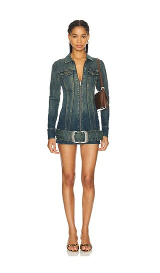 Denim Dress With Belt in Denim Dark | Revolve Clothing (Global)