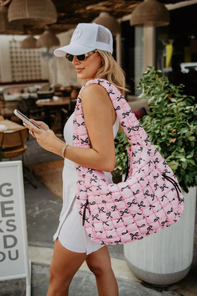 Black & Pink Mini Coquette Bows Quited Hobo Tote Bag | Katydid.com