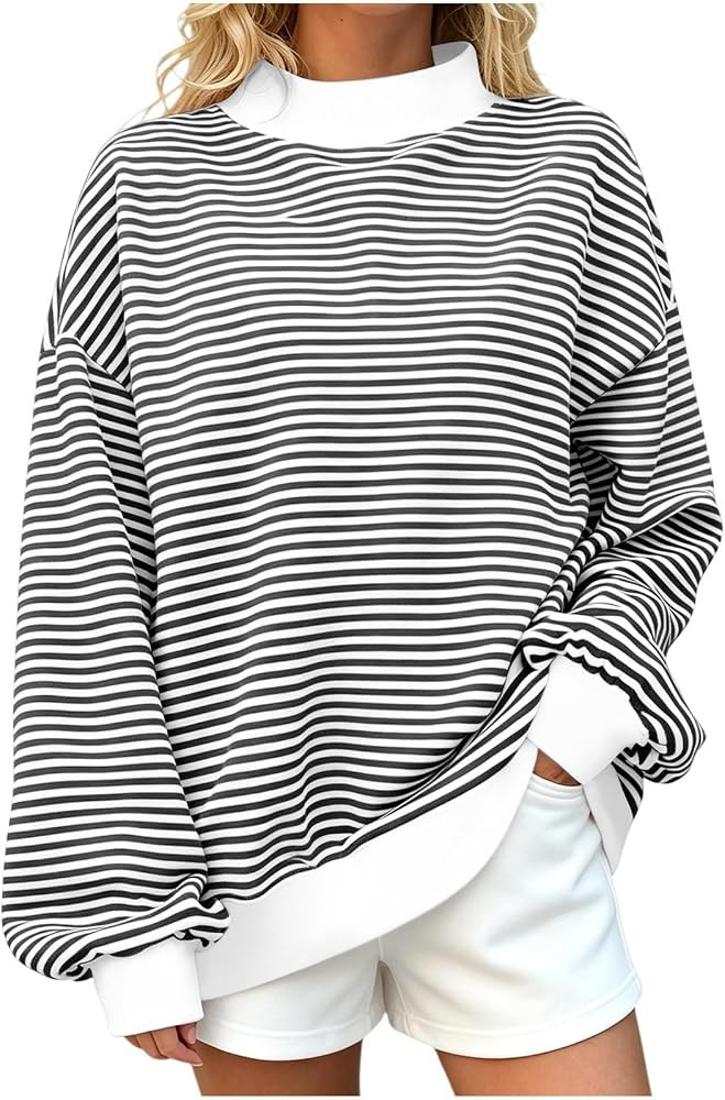 Women Striped Contrast Mock Neck Sweatshirt Oversized Long Sleeve Comfy Pullover Trendy Street To... | Amazon (US)