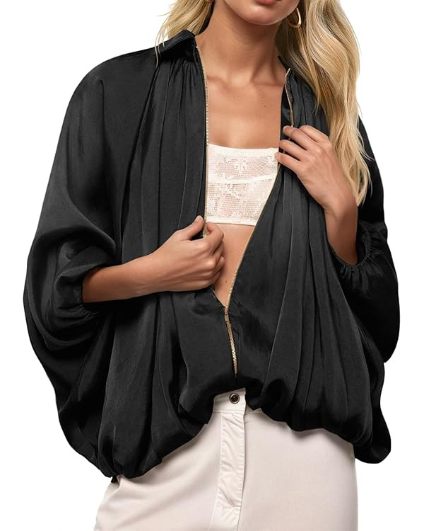 Tankaneo Womens Bomber Jackets Oversized Batwing Sleeve Zip Up Puffed Jacket Lapel Collar Pleated... | Amazon (US)