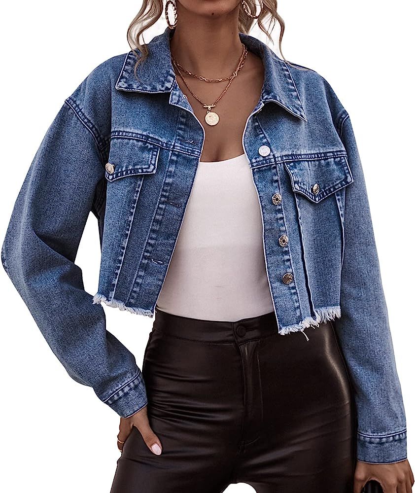 LONGYIDA Women's Jean Jacket Button Down Cropped Distressed Frayed Denim Jacket Coat | Amazon (US)