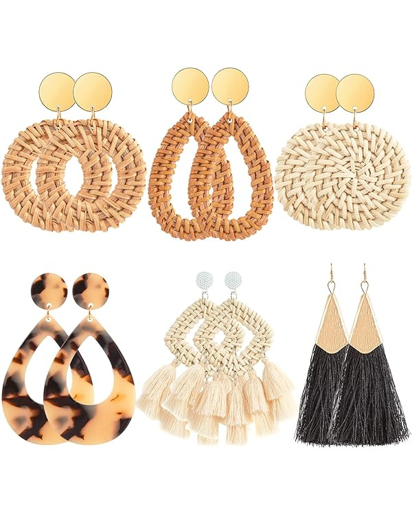 Ponpon 6-18 Pairs Earrings for Women, Lightweight Summer Earrings Straw Earrings Fashion Geometri... | Amazon (US)