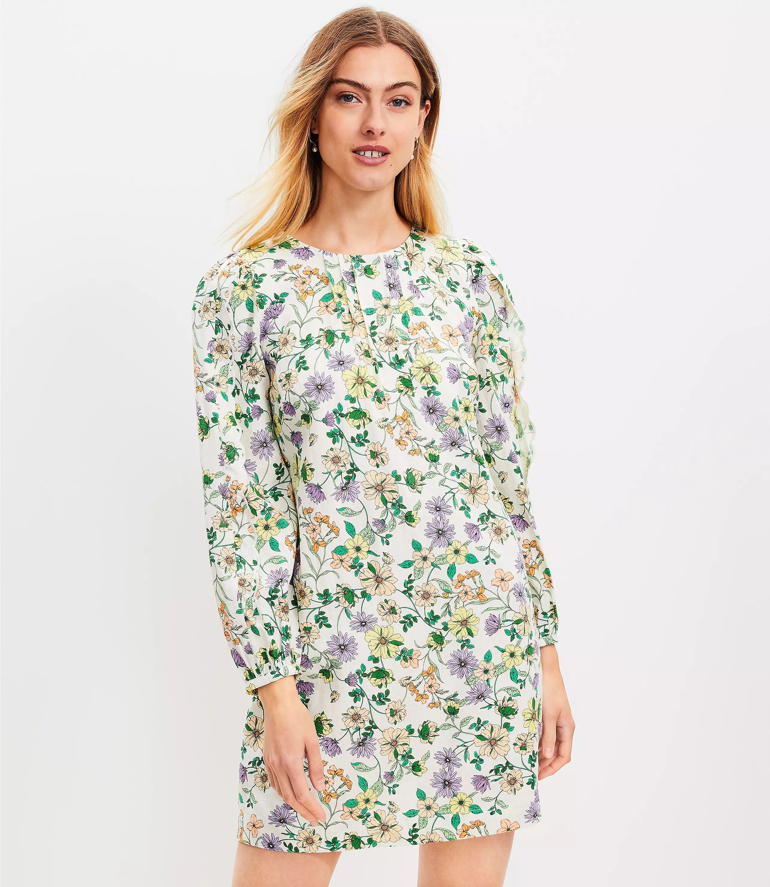 Petite Floral Linen Blend Long Sleeve Shift Dress | LOFT