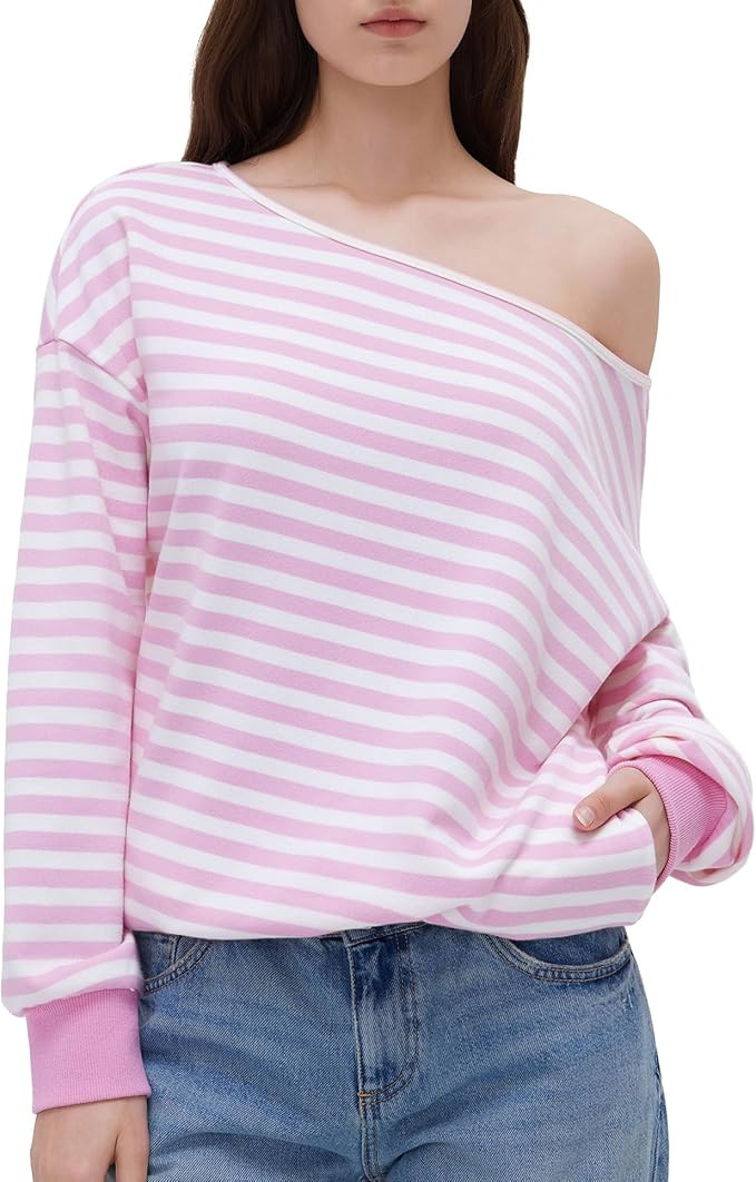 OMKAGI Off the Shoulder Tops for Women Long Sleeve Oversized Sweatshirt with Pockets | Amazon (US)
