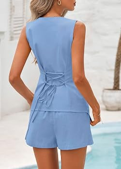 Lazysmile Summer 2 Piece Sets for Women Fashion Linen Matching Set Button Down Suit Vest Tops and... | Amazon (US)
