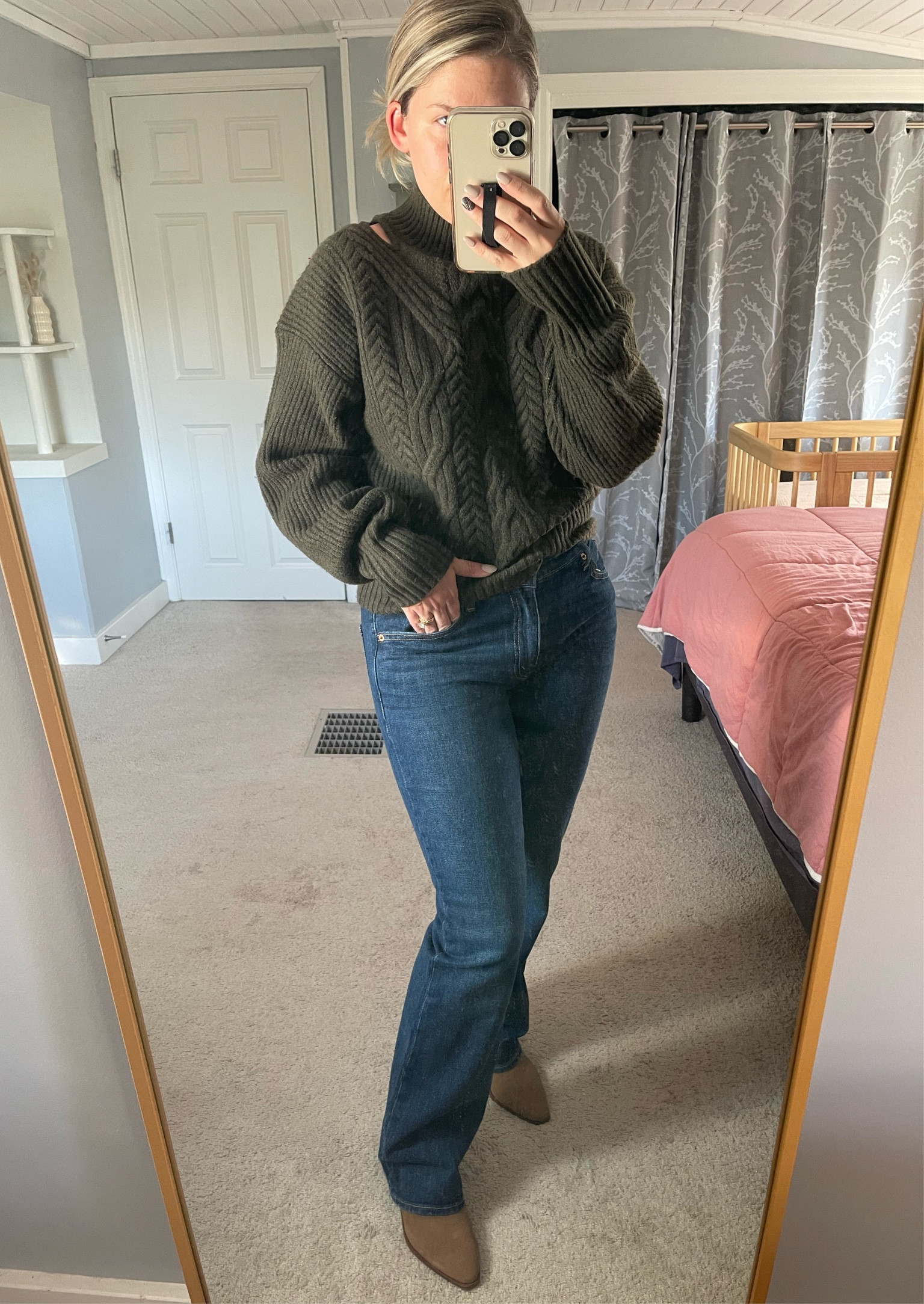 Chunky turtleneck sweater with cut out shoulders. Flare jeans in dark wash. Pointed suede booties 🤎

| winter fashion, women’s fashion, casual style, neutral style, mama fashion, winter style, cozy weather fashion |

#LTKunder100 #LTKshoecrush #LTKfit