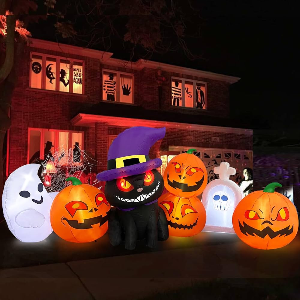 MICOCAH Halloween Inflatables Outdoor Decorations 8 FT Long Funny Pumpkin Black Cat Blow Up Lante... | Amazon (US)