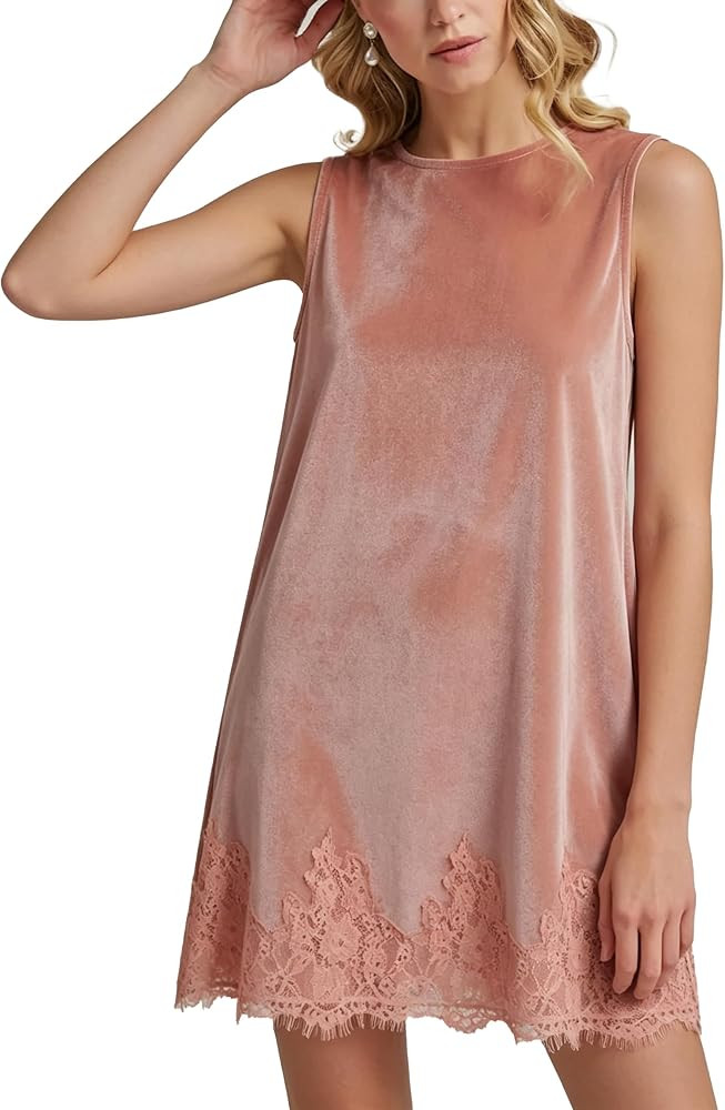 Daacee Women Lace Trim Velvet Short Dress Sleeveless Crew Neck     Soft Velvet Tank Dress With La... | Amazon (US)