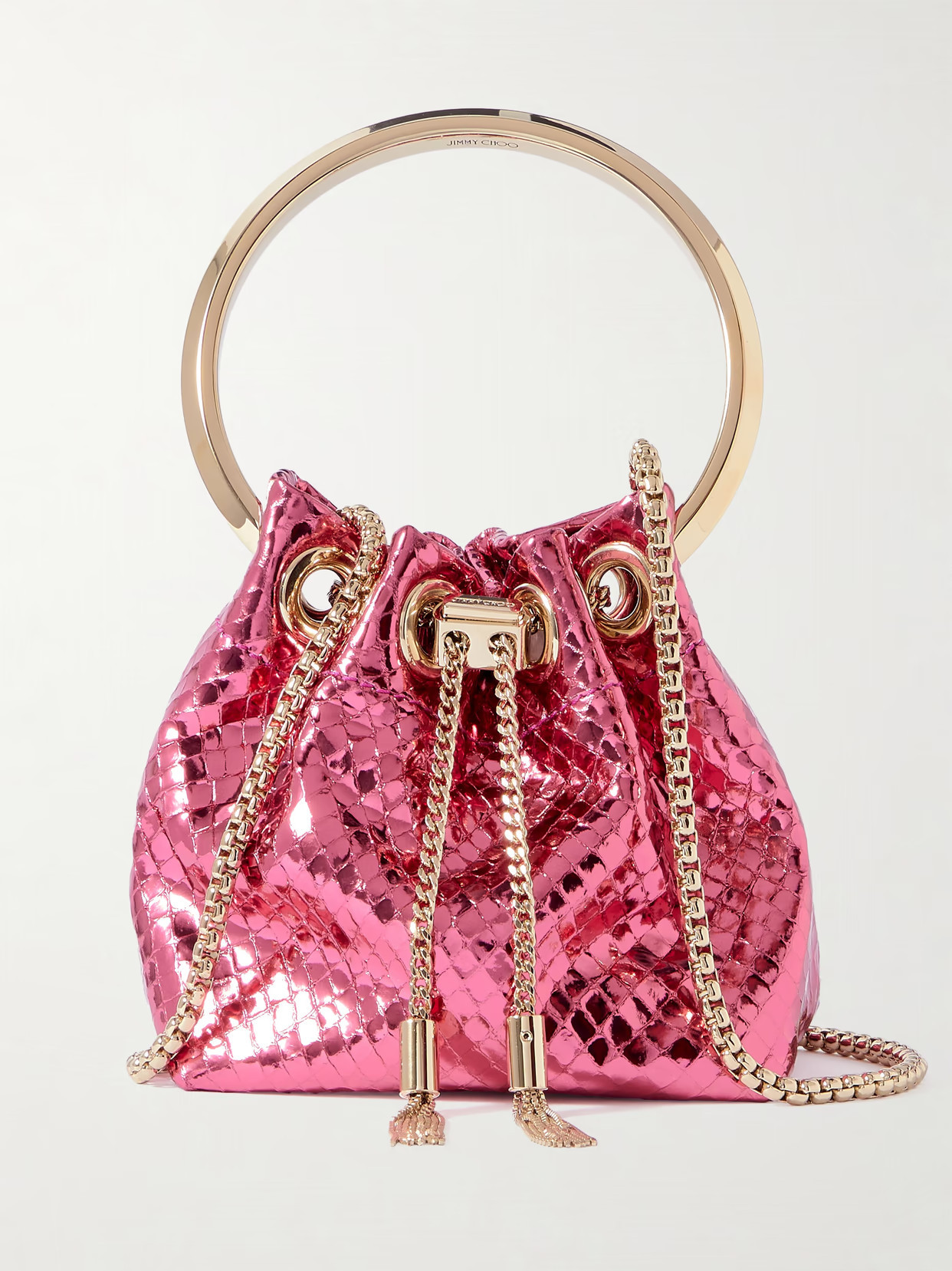 Jimmy Choo - Bon Bon Micro Metallic Textured-leather Bucket Bag - Pink | NET-A-PORTER (US)