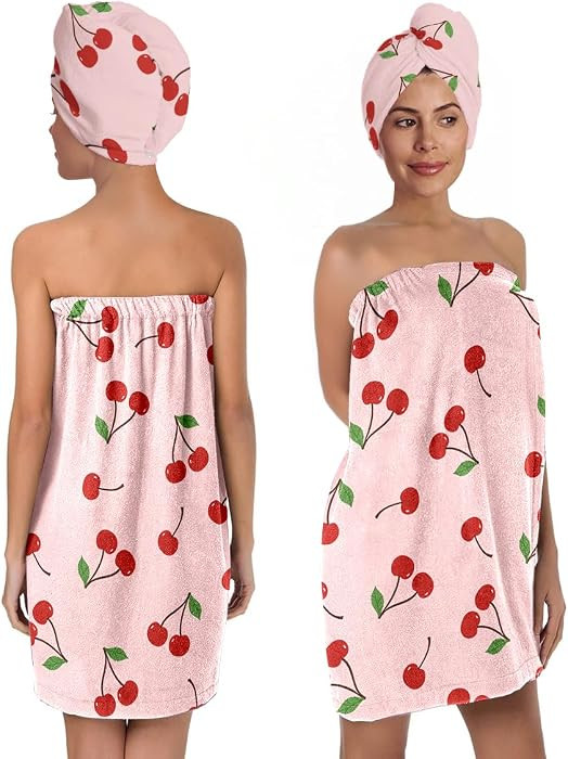 Women's Cherry Print Towel Wrap and Hair Drying Cap Set \u2013 Cute Pink Microfiber Shower Wrap w... | Amazon (US)