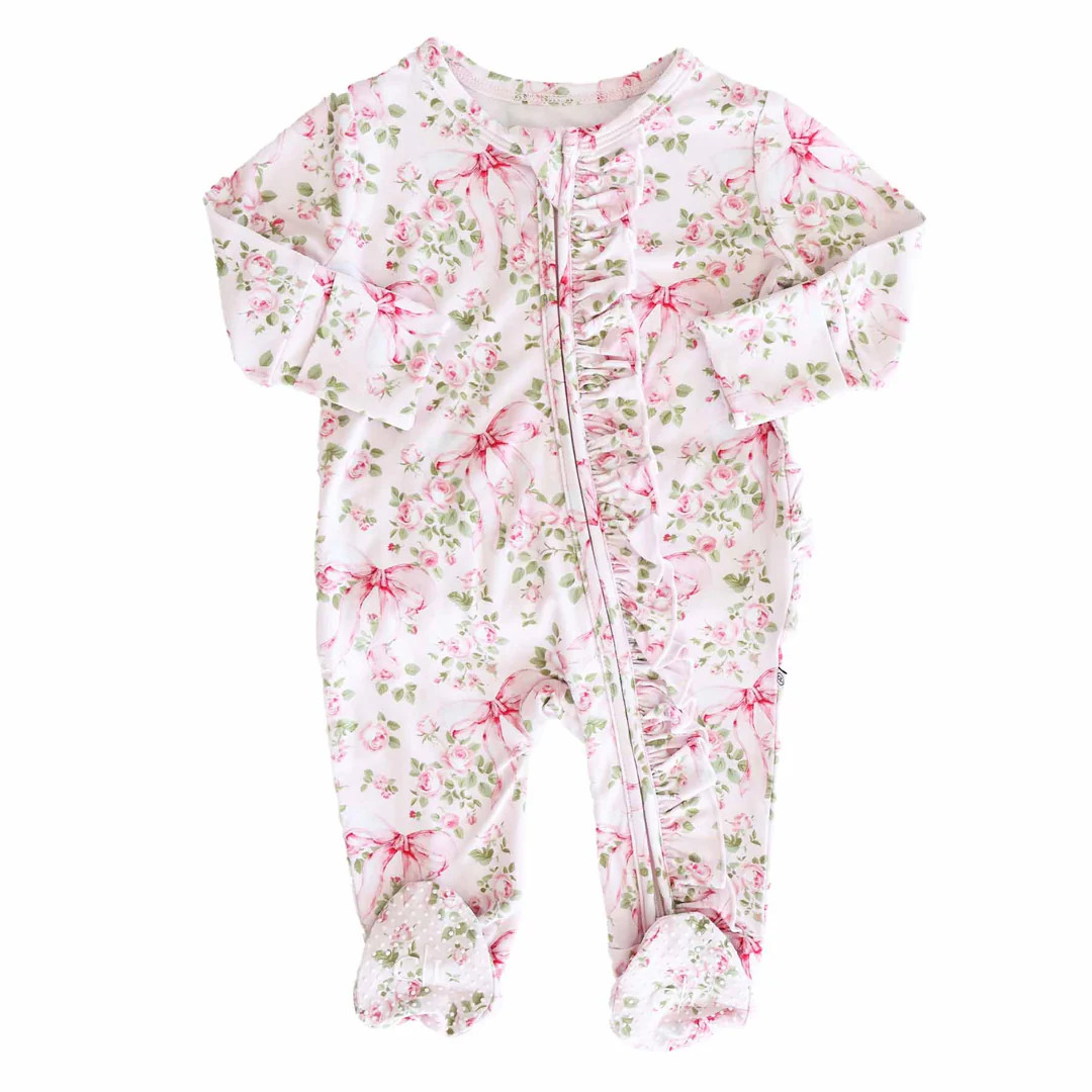 Bows in Bloom Ruffle Zipper Footie | Caden Lane