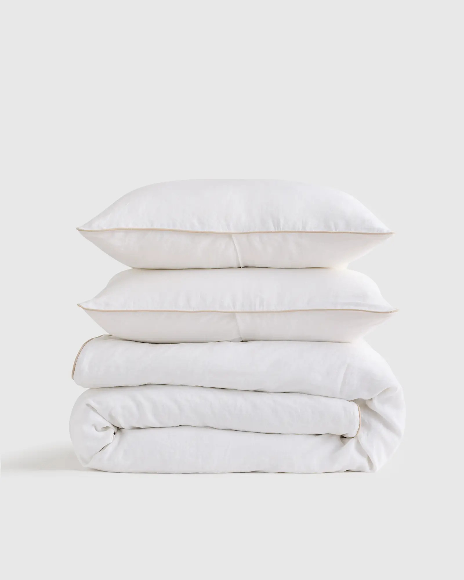 European Linen Piped Duvet Cover Set  in White/toffee | Quince