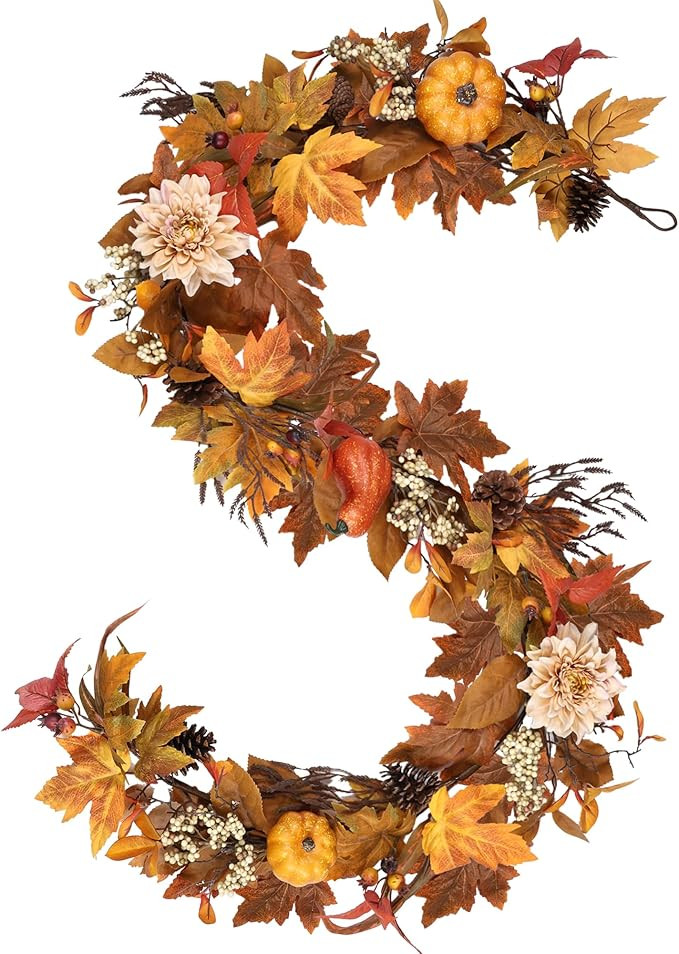 Fall Garland 6Ft Lifelike Autumn Maples Leaf Pumpkin Garland with Berries Pine Cones, Fall Decora... | Amazon (US)