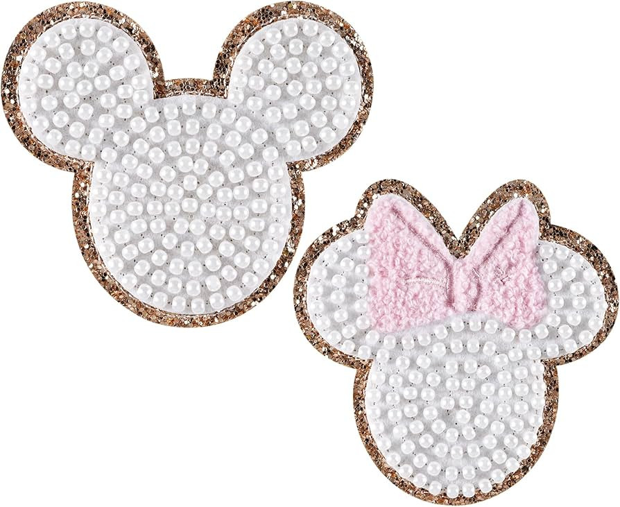2Pcs Mouse Pearls Embroidered Patch, Cute Cartoon Self-Adhesive Sticker Iron on Pearl Patches, Su... | Amazon (US)