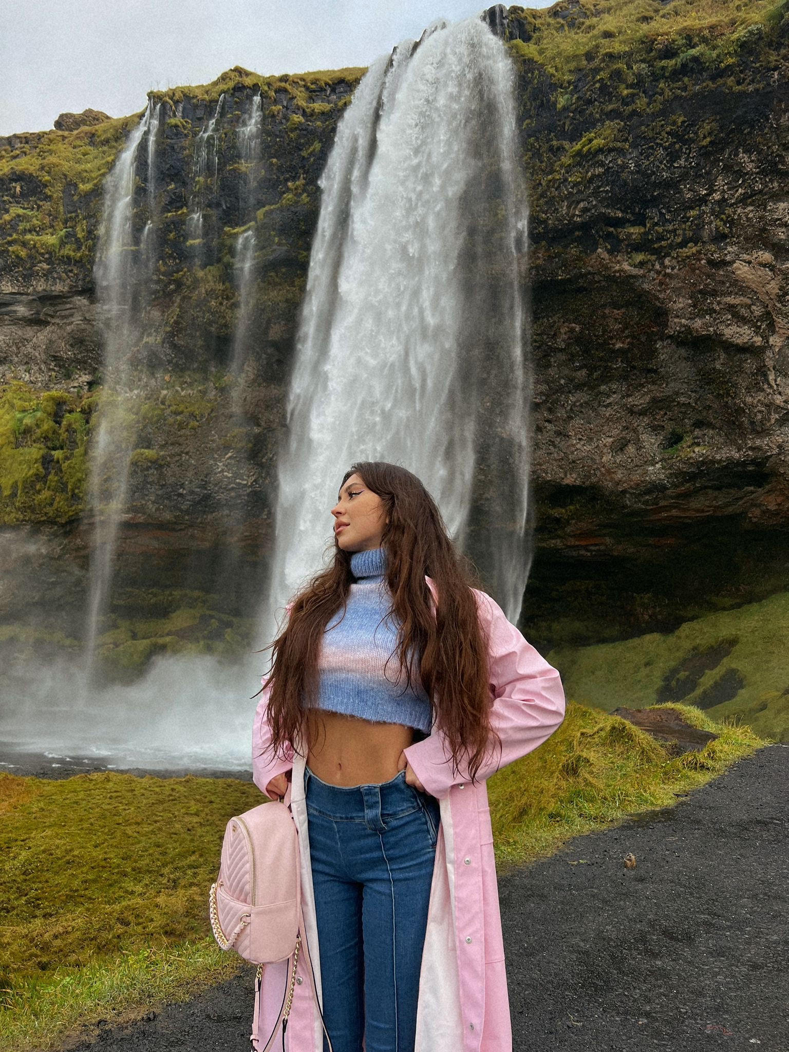 Cropped multi coloured knitted turtleneck, high back jumper, pink knitwear, pink rain jacket, rain coat, waistband jeans belt jeans, rains, urban outfitters 

#LTKSeasonal #LTKstyletip #LTKeurope