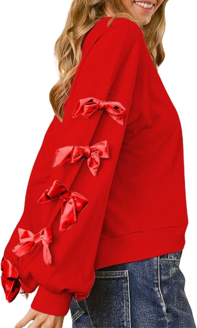 Women's Ribbon Bow Tie Long Sleeve Pullover Round Neck Drop Shoulder Sweatshirt Relaxed Fit Top | Amazon (US)