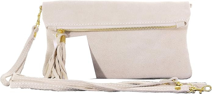 Primo Sacchi Italian Suede Leather Hand Made Fold Over Clutch Wrist or Shoulder Bag Purse | Amazon (US)