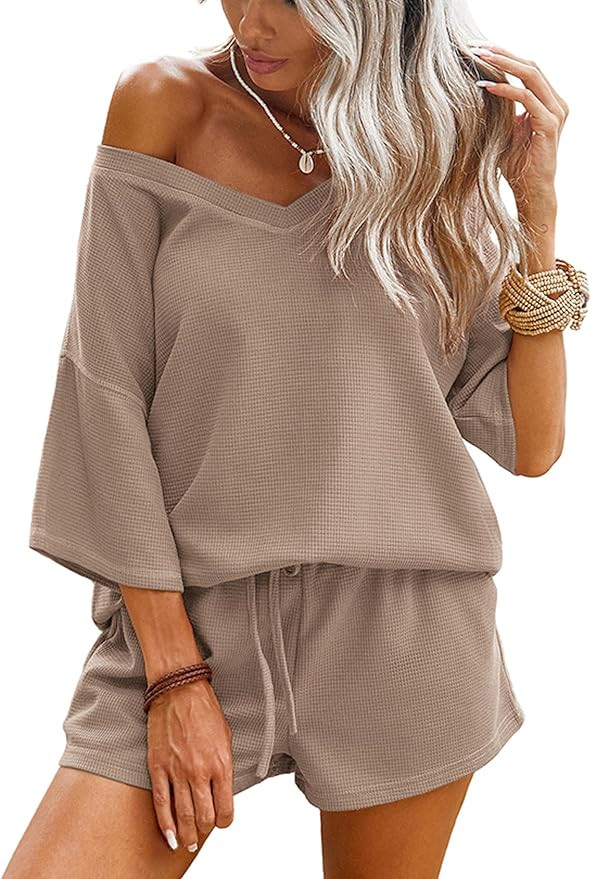 Ekouaer Womens Short Sleeve Waffle Knit Oversized Pajama Sets V Neck Off Shoulder Sleepwear Casua... | Amazon (US)