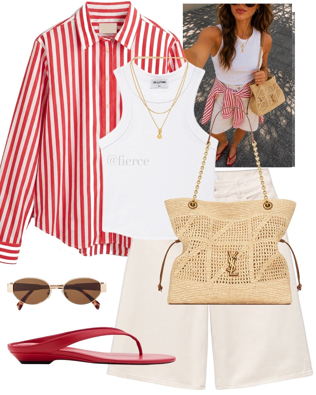 Red striped shirt cream denim Bermuda shorts Ysl raffia bag red slim wedge sandals casual chic outfit idea

#LTKuk #LTKsummer #LTKeurope