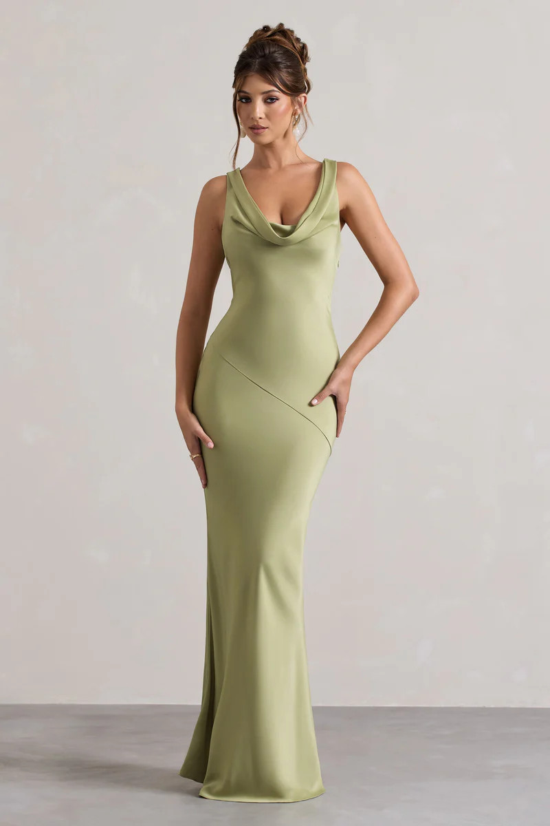 Alesso  Light Olive Satin Cowl-Neck Maxi Dress | Club L London