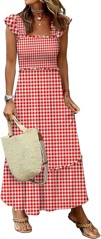ANRABESS Womens Summer Sleeveless Maxi Dress Square Neck Smocked Boho Casual Ruffle Strap Flowy A... | Amazon (US)