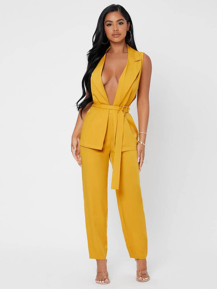 SHEIN PETITE Solid Lapel Neck Belted Blazer & Pants Set | SHEIN
