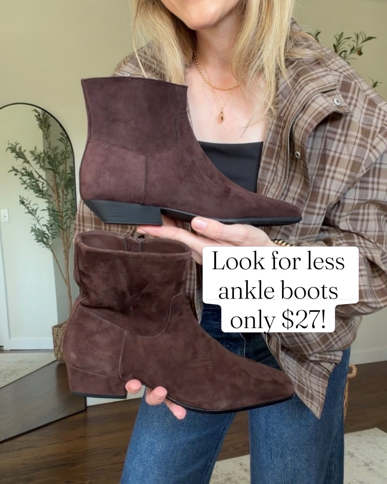 Chocolate brown ankle boots by Walmart or Steve Madden, fit is tts (I’m a 9.5 and always go up to 10 in boots). #lookforless