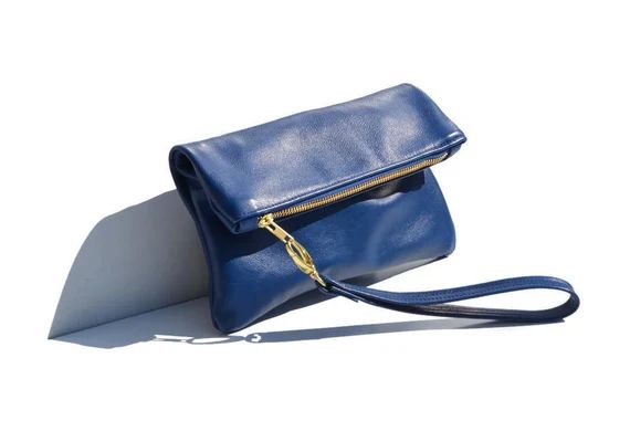 Blue Clutch Bag | Fold Over Leather Clutch | Genuine Leather Purse | Plain Blue Handbag | Simple Sof | Etsy (US)