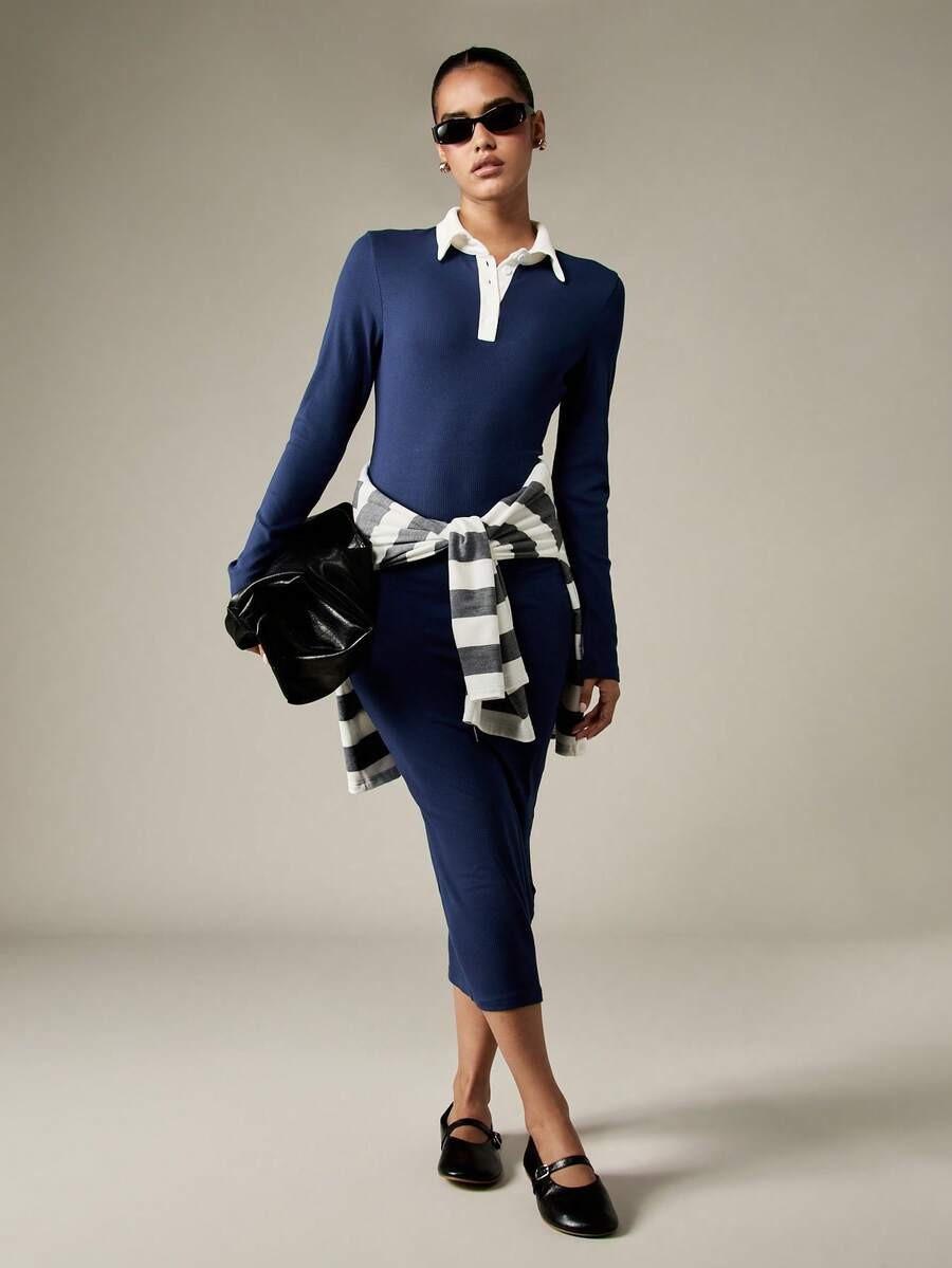 MISSGUIDED Long Sleeve Midi Bodycon Dress With Contrast Collar Office Business Professional Fall ... | SHEIN