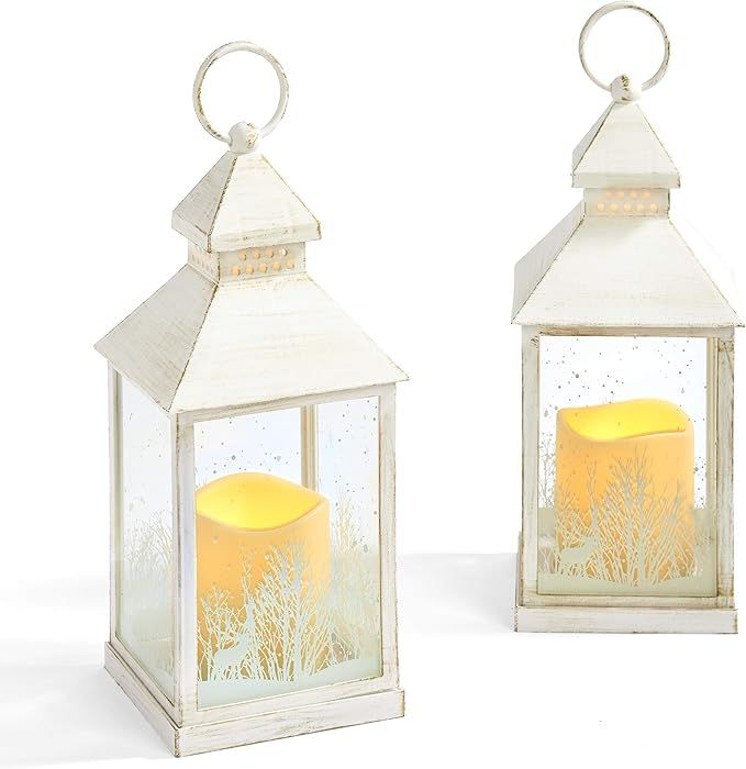 Winter Candle Lantern Set - 9 Inch Decorative Lanterns with LED Flameless Candles, White Distress... | Amazon (US)