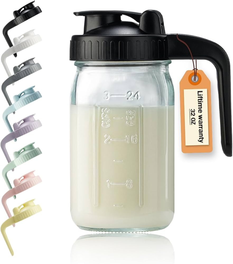 32oz Glass Pitcher with Lid & V-shaped Pour Spout - 1 Quart Breastmilk Pitcher Double Leak Proof,... | Amazon (US)